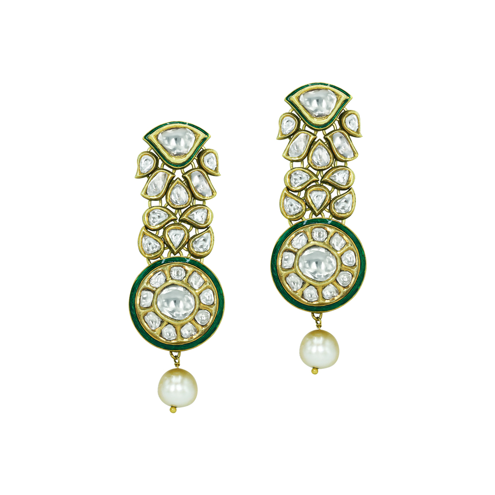 Polki Earrings with Green Enamel Work and Pearl Drop